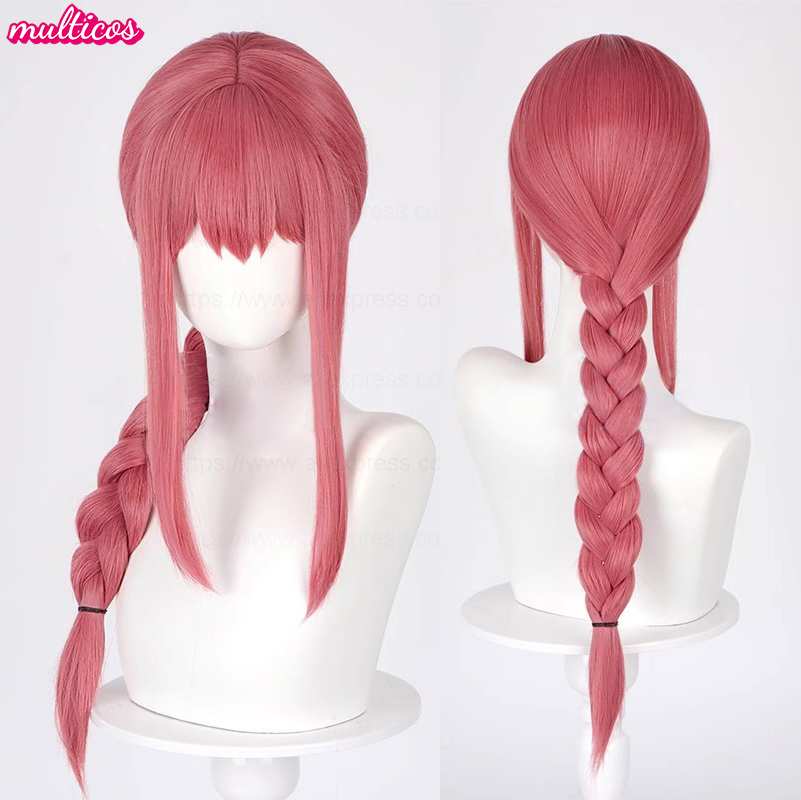Anime Cosplay Makima - 高品質マキマコスプレウィッグロングローズレッド編み込み耐熱性合成毛ハロウィンパーティー頭皮アニメウィッグ+ウィッグキャップ