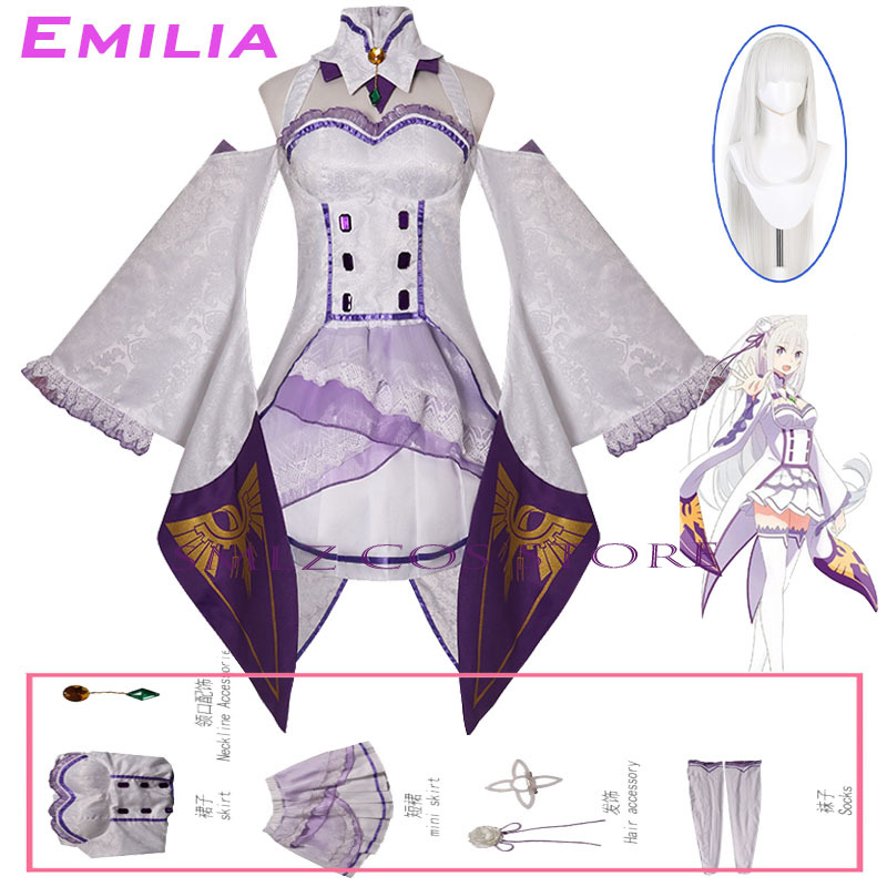Anime Cosplay Wig - エミリアコスプレアニメ再ゼロカラハジメル異世界生活衣装白制服ドレスウィッグセットハロウィンパーティー衣装女性用