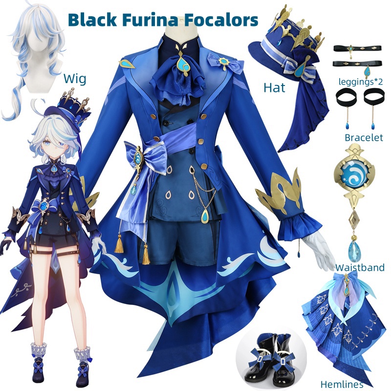 Violet Evergarden Dress - Furina コスプレ衣装ウィッグヘアインパクトフォンテーヌ Focalors 帽子黒スーツハイヒールコスプレ靴女性のための衣装