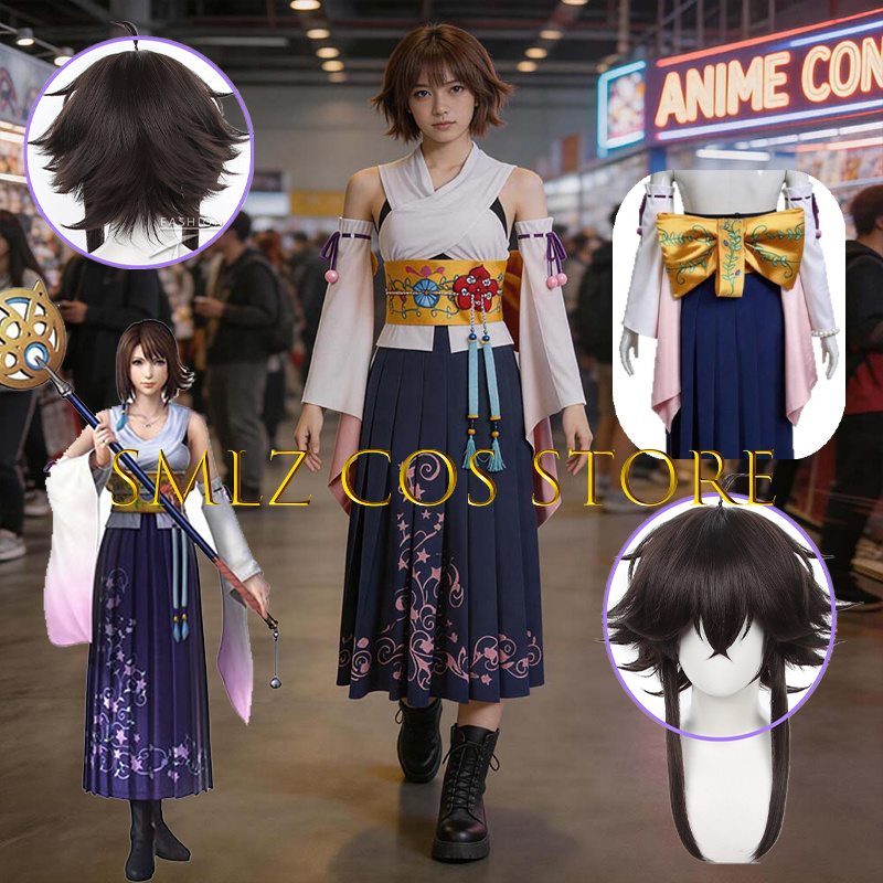 Anime Cosplay Wig - Smlz FFX ユナコスプレアニメ FF10 X 衣装女性あなたナ着物ドレス小道具ウィッグセットハロウィンパーティー演劇衣装