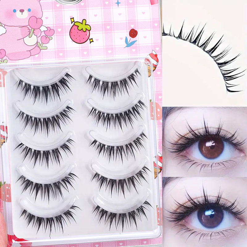 Anime Cosplay Lashes - ウェットコミックまつげ5ペア、キャットアイ＆ナチュラルスタイルCロール、スリムステムフェアリーテールコミックスタイルつけまつげ