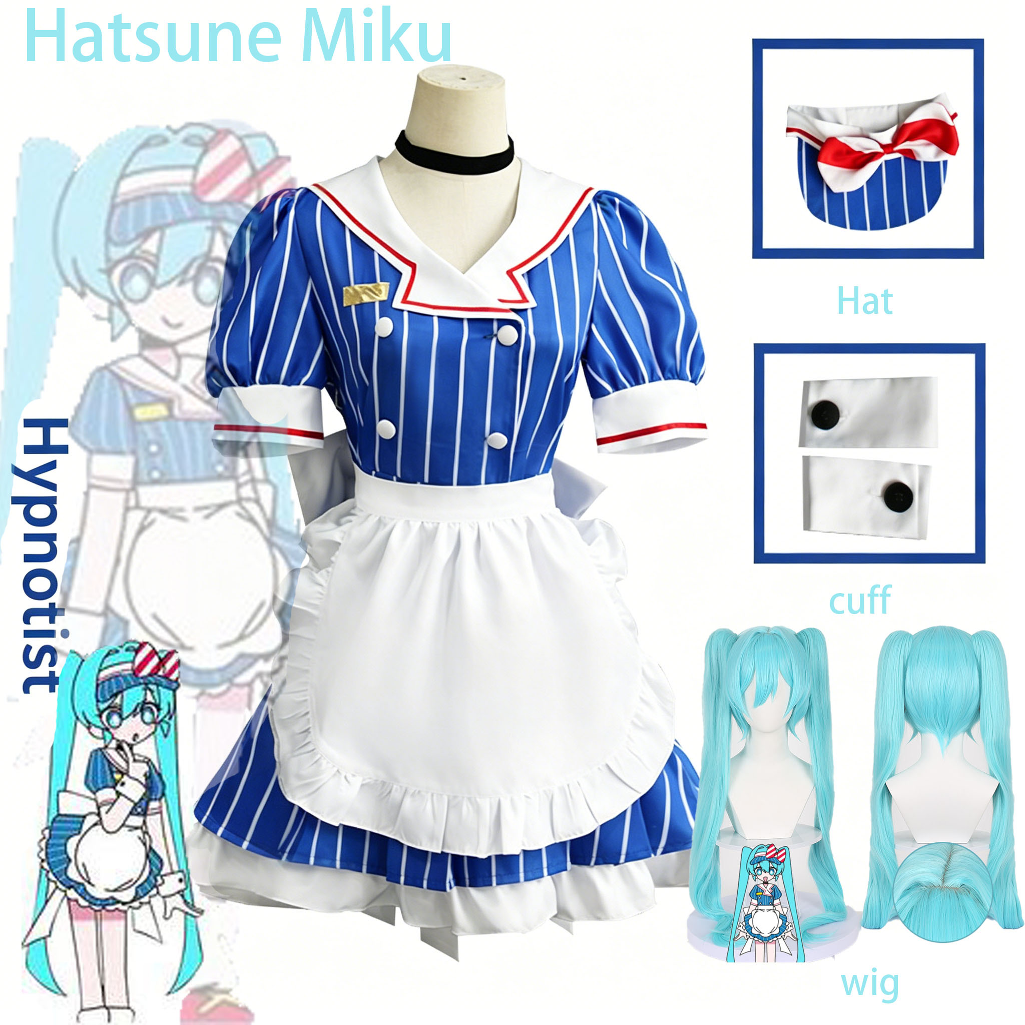 Cosplay Duo Anime - アニメ催眠術師メイド制服コスプレフルセットストライプメイドドレスアクアツインポニーテールウィッグロールプレイ用