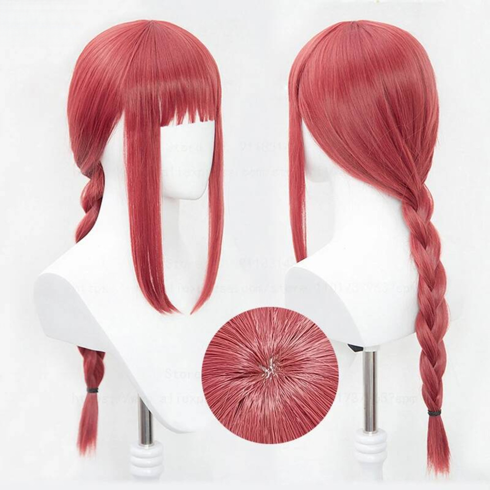 Anime Cosplay Makima - 高品質マキマアニメチェンソーマンコスプレ用ロングコーラルピンク耐熱編み込みウィッグ+ウィッグキャップ