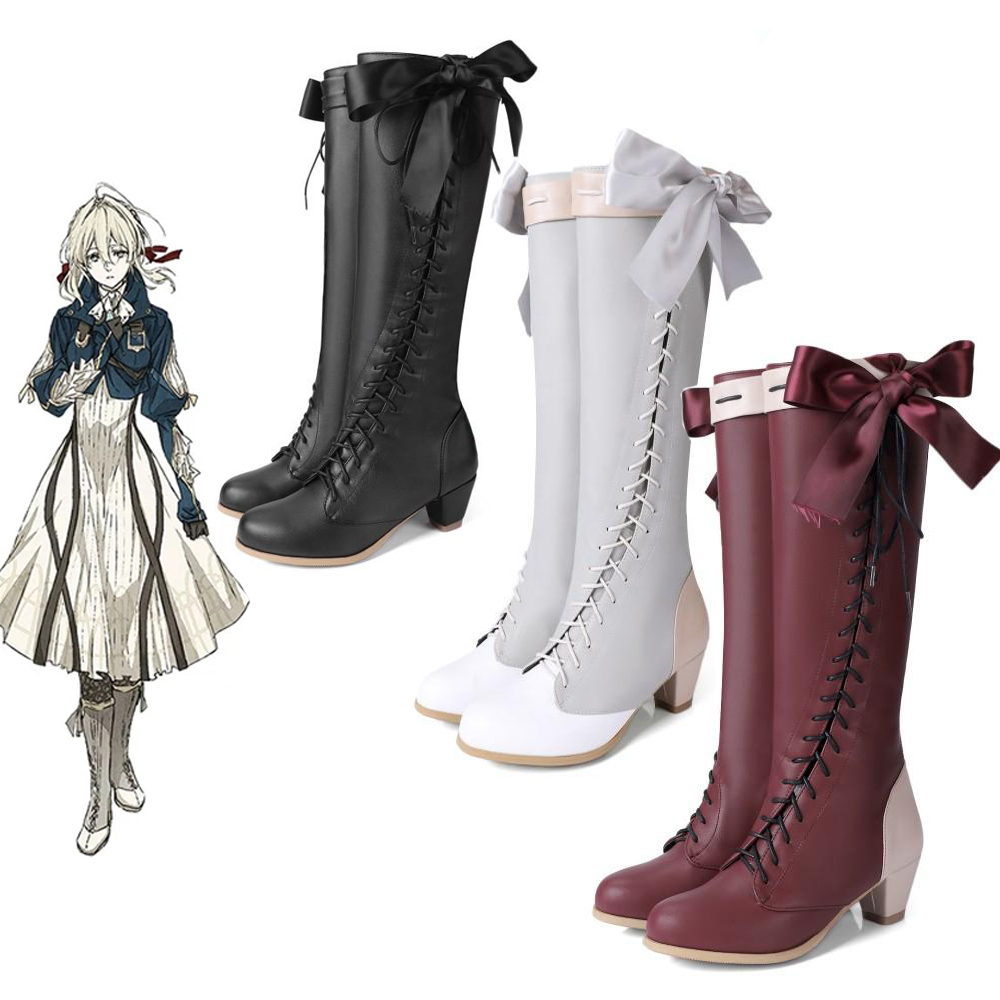 Violet Evergarden Dress - ヴァイオレットエヴァーガーデンアニメキャラクター靴コスプレ靴ボウ Pu ロリブーツハロウィンパーティーコスチューム女性ガール小道具