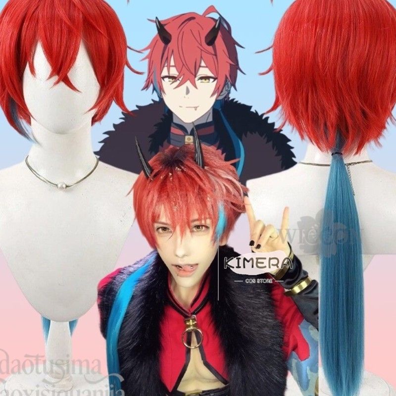 Anime Cosplay Red Hair - キメラストア アニメ姫カグヤ！ コスプレミカドアキラショートレッドウィッグブルーローポニーテールファッションY2K人工毛ハロウィンC