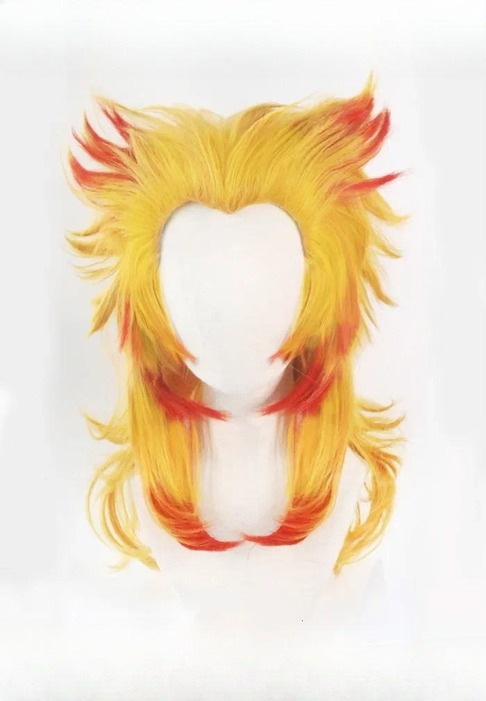 煉獄杏寿郎ウィッグ鬼滅の刃コスプレ赤黄色混合耐熱人工毛ロール - Anime Cosplay Red Hair のレビューと価格