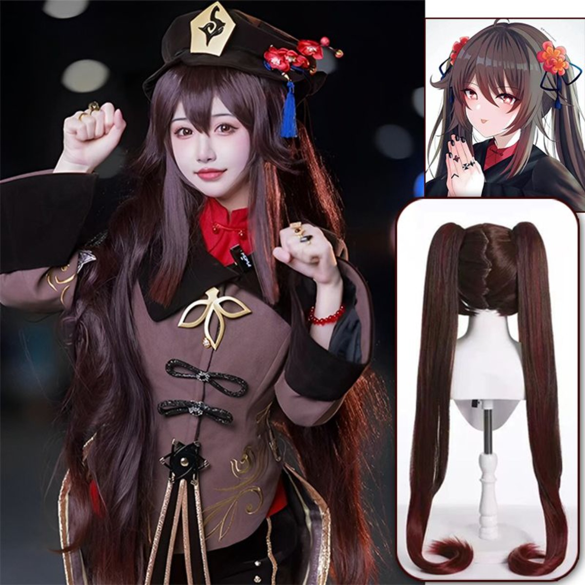 原神インパクト 胡桃 コスプレウィッグ、ロンググラデーション - Cosplay Duo Anime のレビューと価格